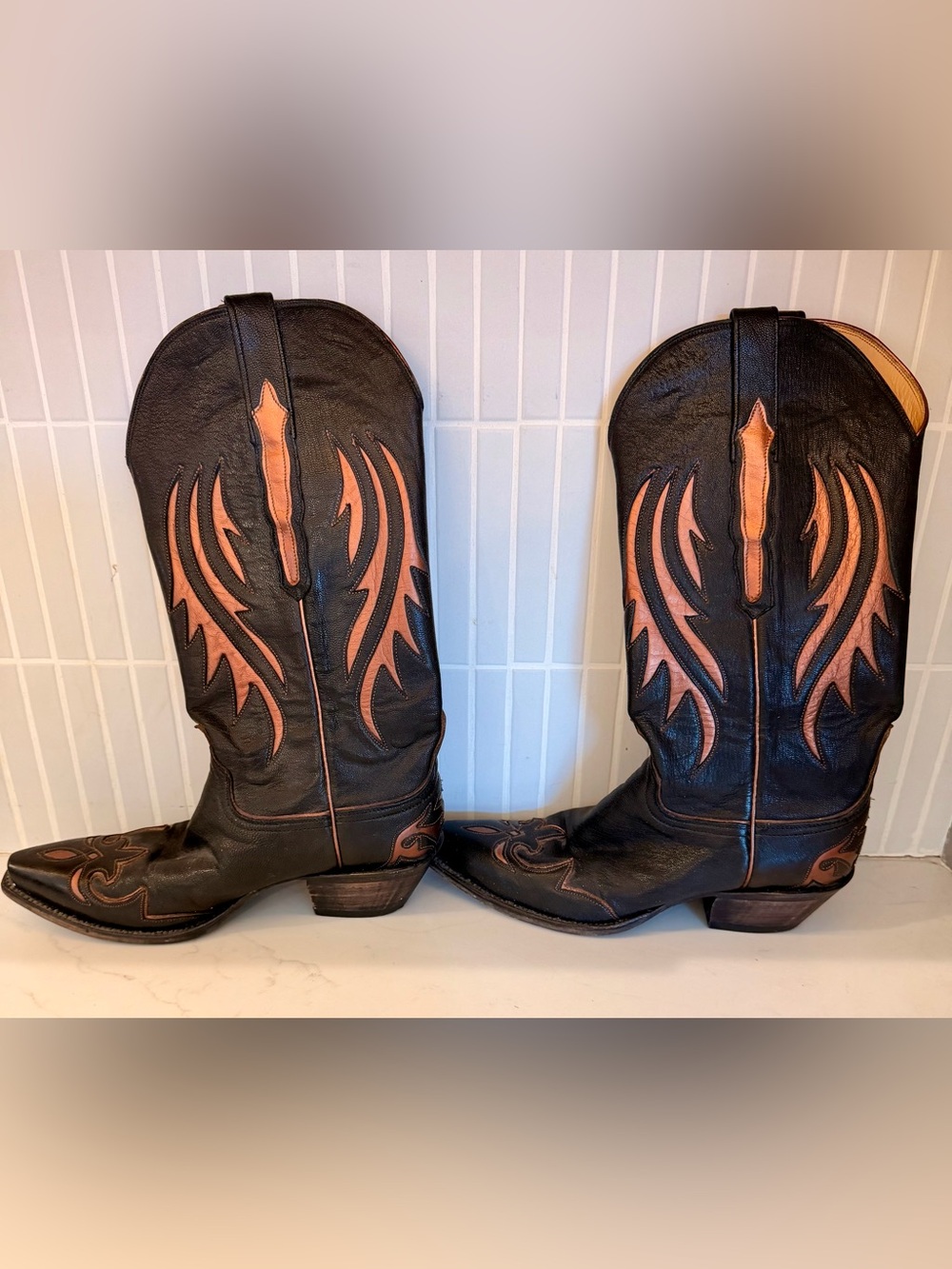 Lucchese Classics Handmade Women's 7.5B Black Tan Flame Overlay Leather Western